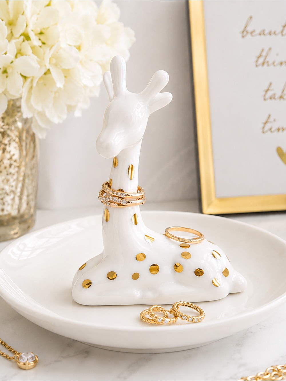White Gold Ceramic Giraffe Ring Holder Trinket Dish Jewelry Organizer Gift